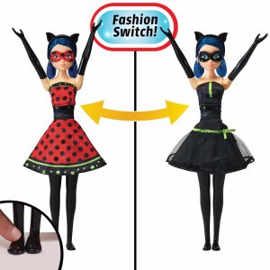 Fashion doll with two outfits: vibrant red dress and elegant black dress for versatile play.