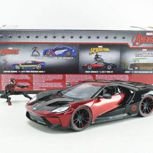 Ford GT die-cast model in black and red, showcasing sleek design and collectors appeal.