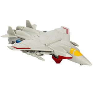 Futuristic jet fighter model featuring sleek design and vibrant yellow and red accents.