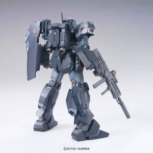 Futuristic mecha model featuring jet thrusters, firearm, and sleek gray design in dynamic pose.