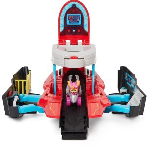 Colorful futuristic playset with launch pad and vehicle for imaginative childrens playtime adventures.
