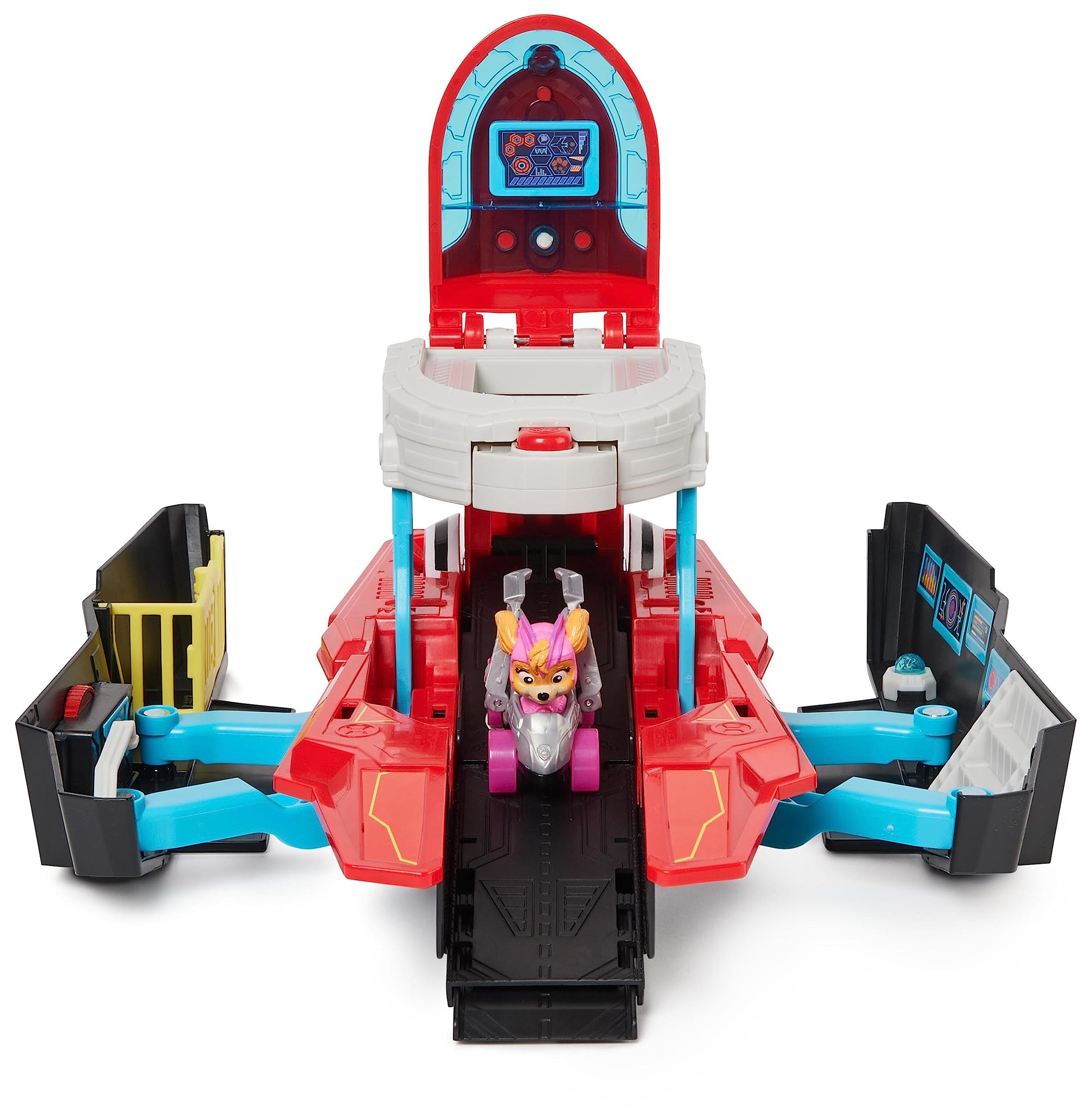 Colorful futuristic playset with launch pad and vehicle for imaginative childrens playtime adventures.