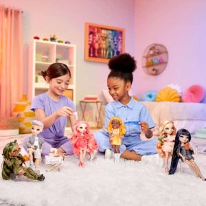 Two girls joyfully play with colorful dolls in a cozy, pastel-colored room.