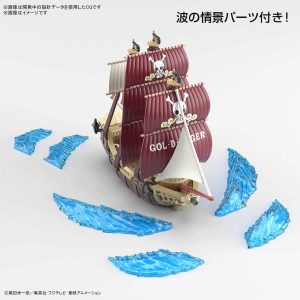 GOL D. ROGER model ship with red sails and dynamic blue waves, perfect for collectors.