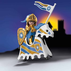 Colorful knight in golden armor on a horse, set against a twilight castle backdrop.