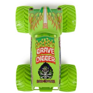 Vibrant green Grave Digger monster truck toy model featuring bold graphics and oversized wheels.