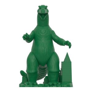 Stylized green dinosaur monster figure, playful collectible toy with urban backdrop and powerful presence.