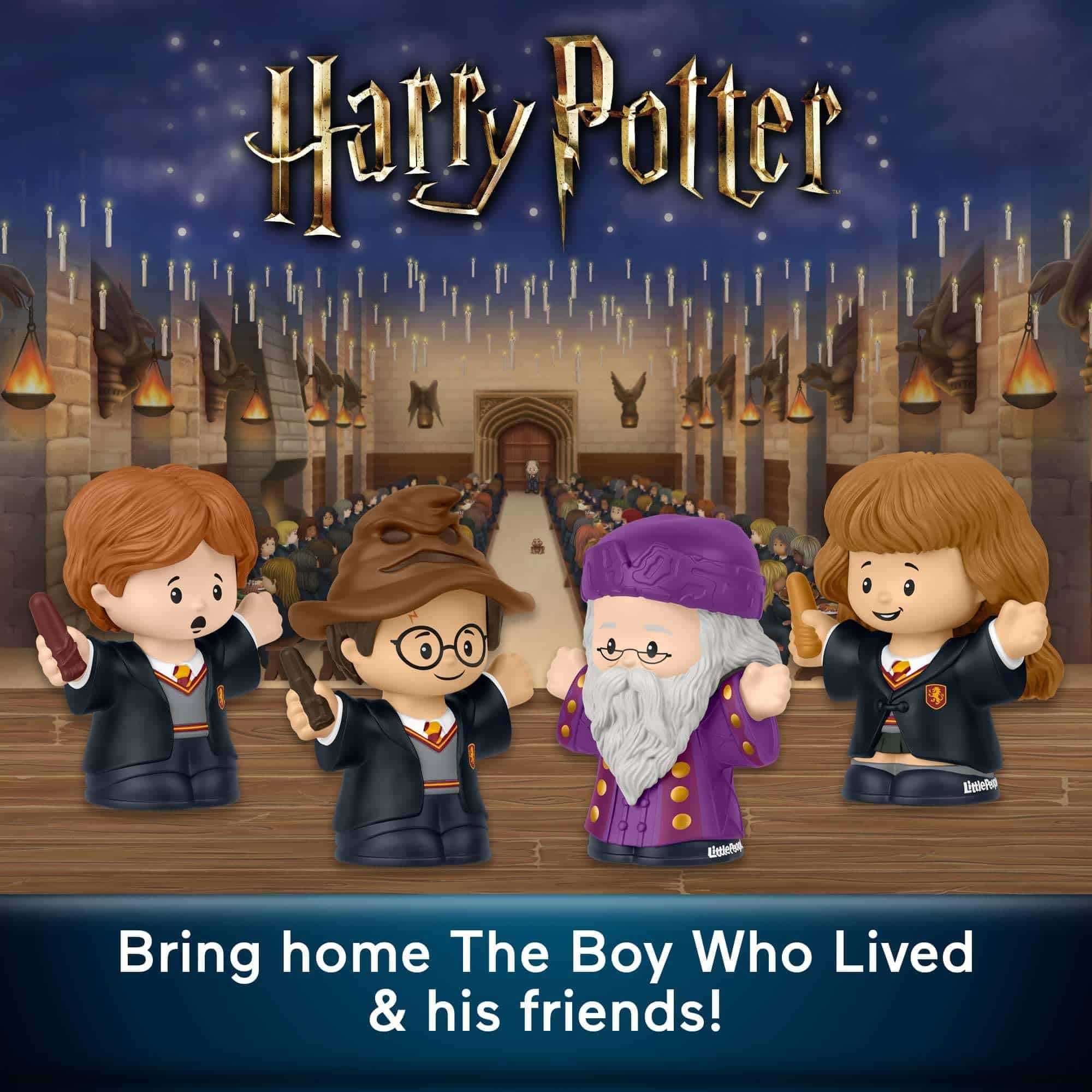 Charming Harry Potter figurines in a magical Great Hall setting, celebrating friendship and adventure.