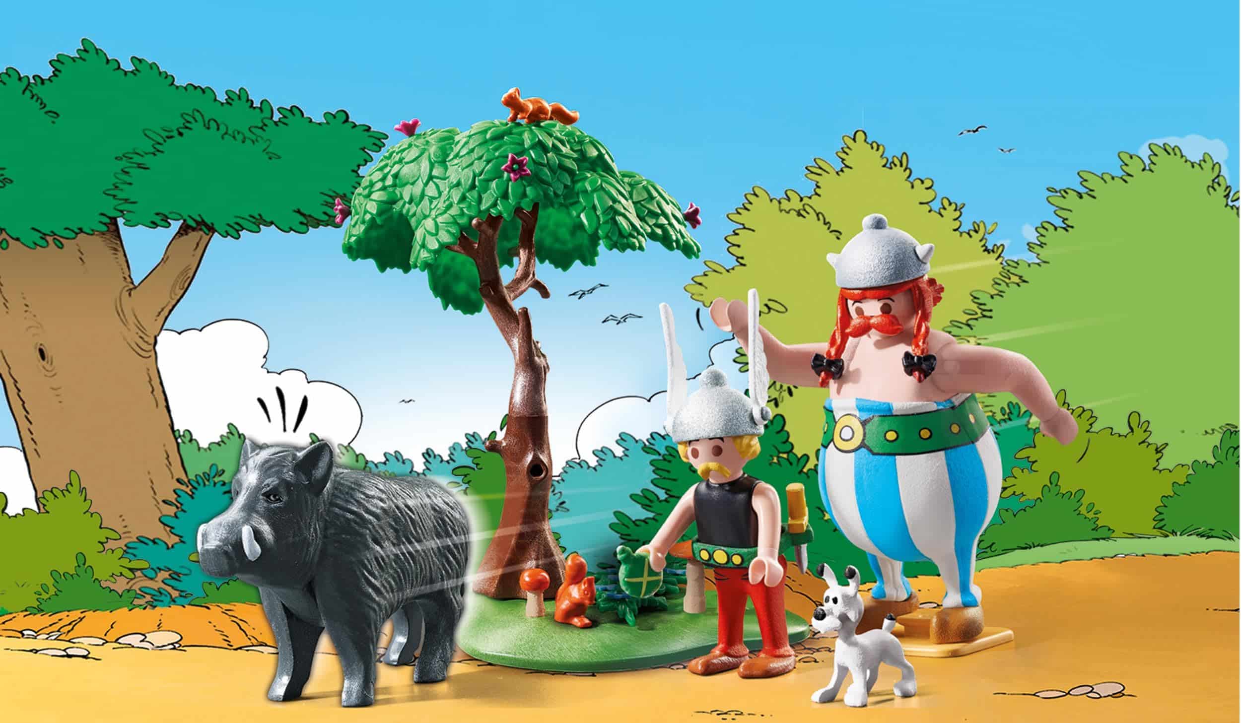 Colorful adventure scene with whimsical heroes, a playful dog, and a cartoonish boar.