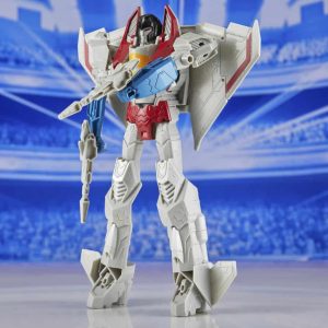 Futuristic robot action figure in dynamic pose, ready for battle with vibrant colors and details.
