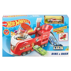 Hot Wheels Dine & Dash Food Truck Playset: vibrant toy set with racing and food themes.