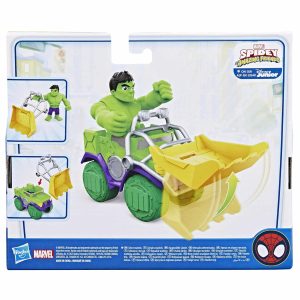 Colorful Hulk monster truck toy with liftable scoop for imaginative play and motor skill development.