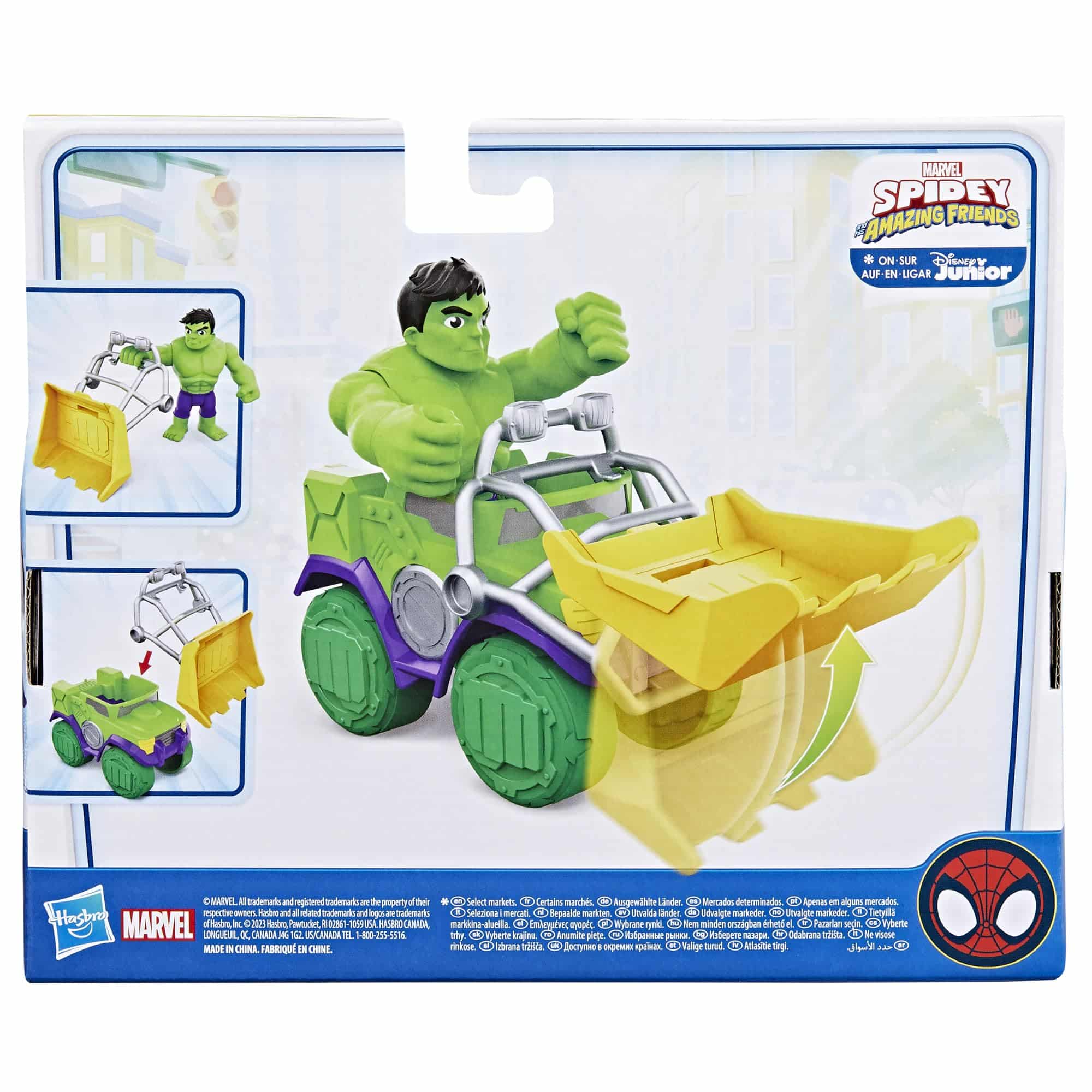 Colorful Hulk monster truck toy with liftable scoop for imaginative play and motor skill development.