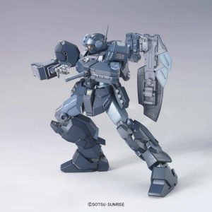 Dynamic humanoid mecha model in gray armor, ready for battle with shield and gun.