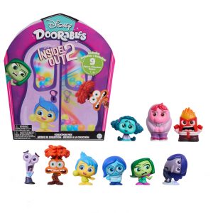 Inside Out collectible figures set featuring vibrant emotions in playful door-shaped packaging.