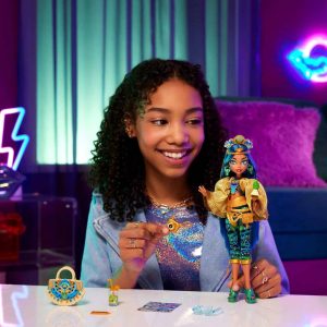 Joyful girl immersed in imaginative play with a colorful doll in a neon-lit room.
