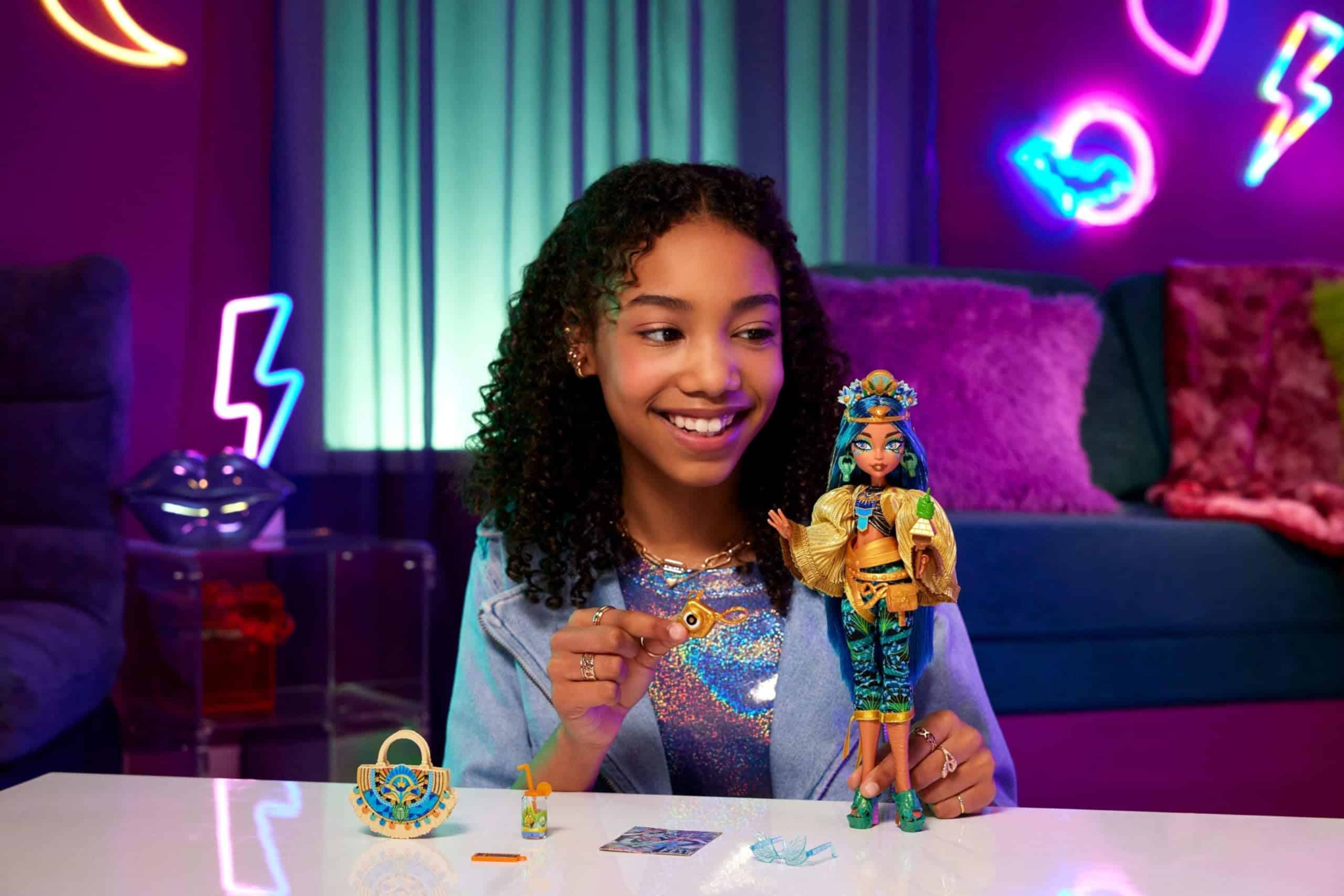 Joyful girl immersed in imaginative play with a colorful doll in a neon-lit room.