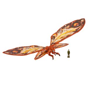 Stunning orange insect with eye-like patterns beside a tiny human figurine, showcasing surreal scale.
