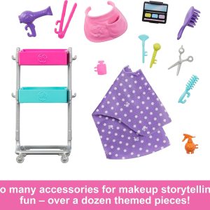 Colorful makeup accessory set for imaginative play, featuring a toy hairdryer, brushes, and more.