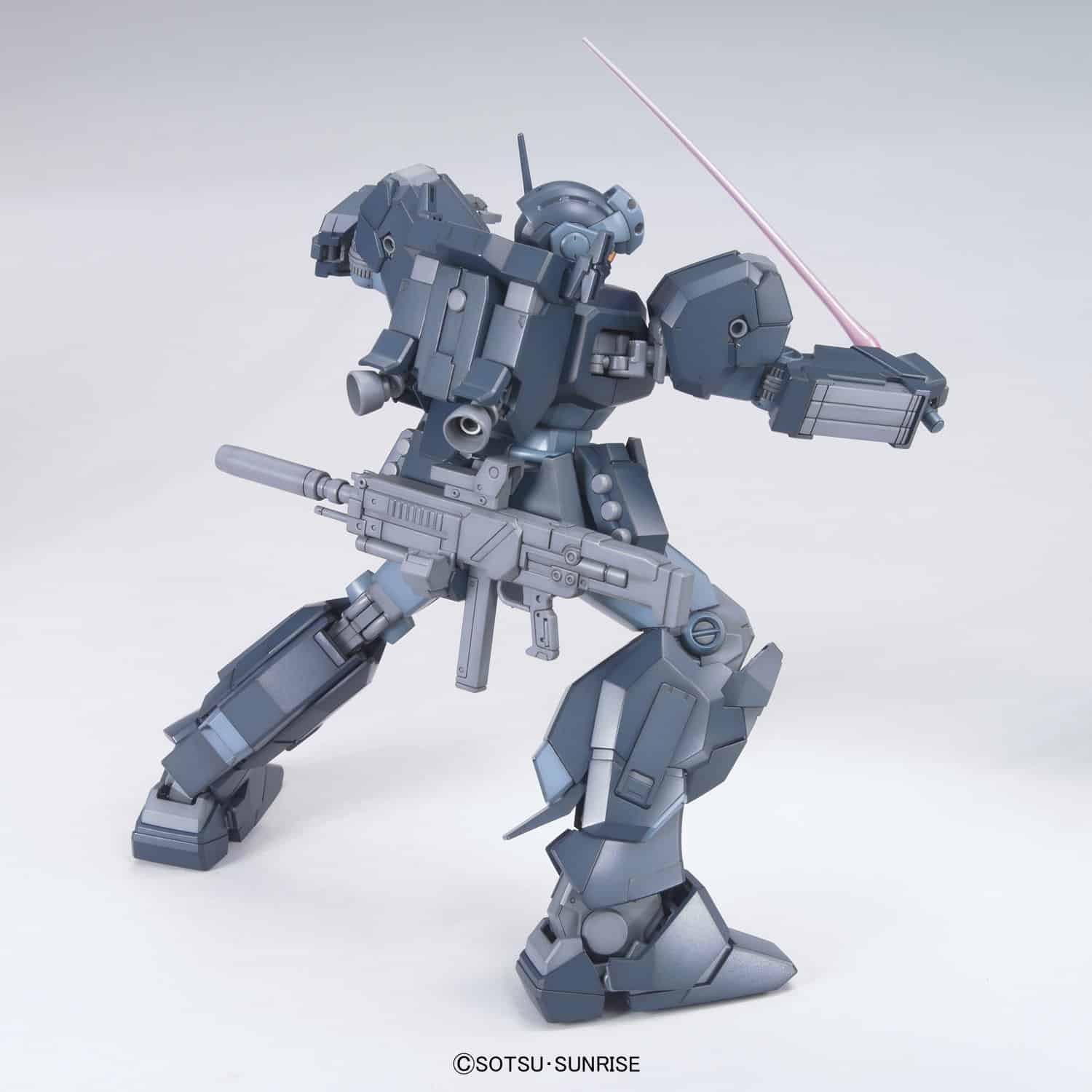 Dynamic futuristic mech warrior wielding energy sword and firearm in detailed metallic design.