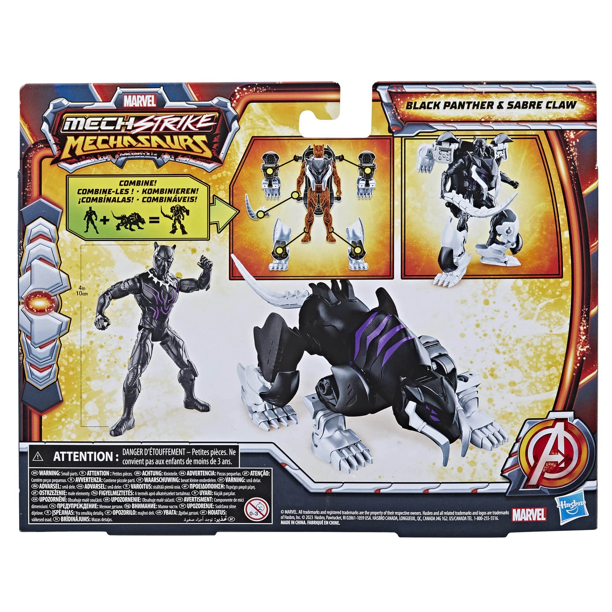 Mech Strike Black Panther action figure and mechanical saber-toothed tiger toy set in vibrant packaging.