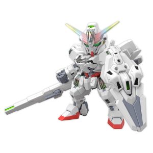 Futuristic mecha robot model in dynamic pose with vibrant accents and advanced weaponry.