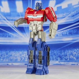 Vibrant robotic warrior toy in red and blue stands out against an energetic backdrop.