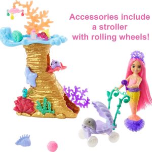 Vibrant mermaid playset featuring a coral castle and stroller for imaginative underwater adventures.