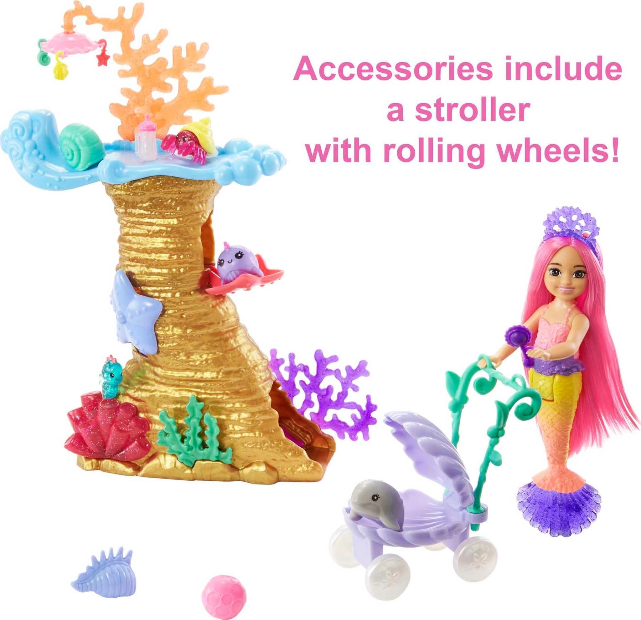 Vibrant mermaid playset featuring a coral castle and stroller for imaginative underwater adventures.