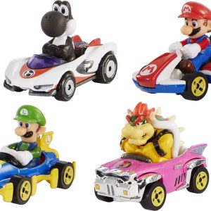 Miniature Mario Kart cars with Mario, Yoshi, Luigi, and Bowser in vibrant designs.