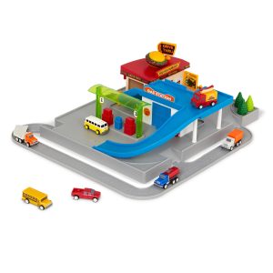 Colorful gas station toy set with winding road and assorted vehicles for imaginative play.