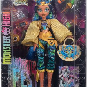 Colorful Monster High doll with blue hair and gold jacket, perfect for imaginative play.