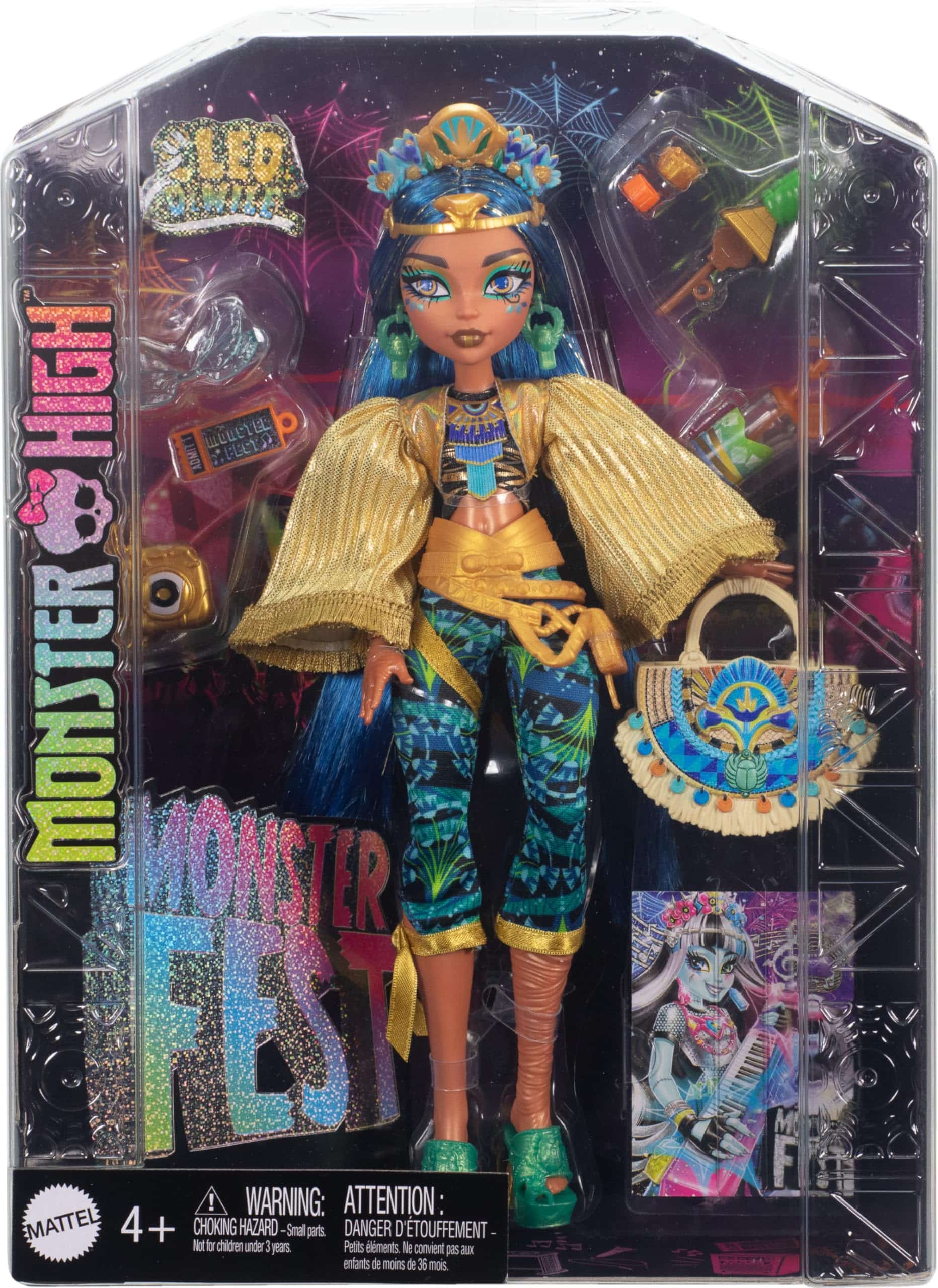 Colorful Monster High doll with blue hair and gold jacket, perfect for imaginative play.