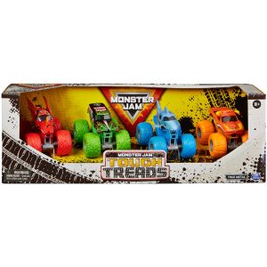 Vibrant Monster Jam toy set featuring colorful mini monster trucks in an adventurous design.