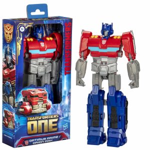 Optimus Prime action figure in vibrant colors, showcasing classic design and collectible packaging.