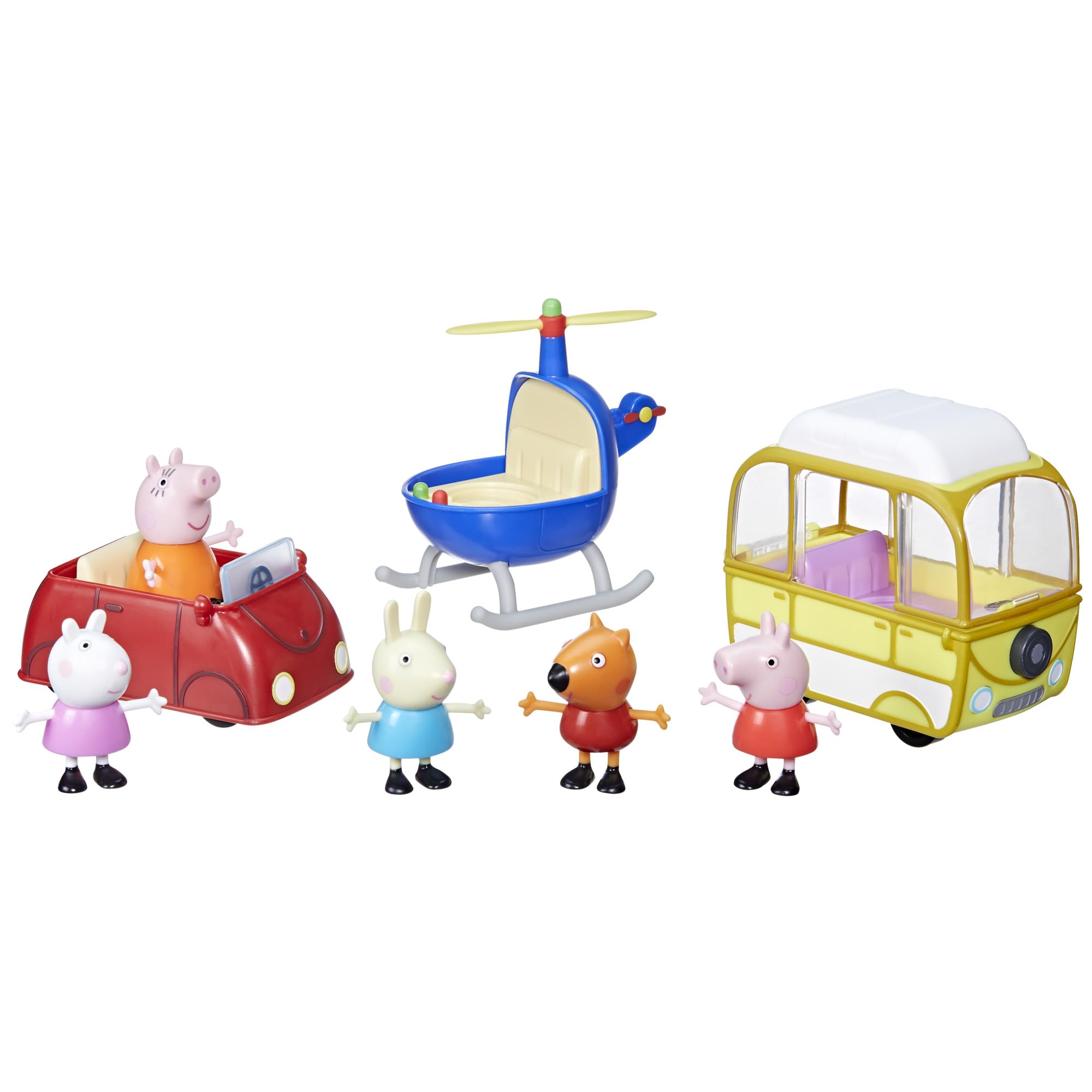 Peppa Pig enjoys a colorful adventure with friends in her vibrant red car and fun vehicles.