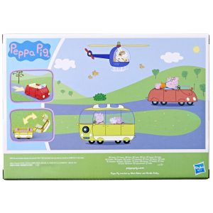 Peppa Pig and friends enjoy a vibrant adventure in colorful vehicles under a sunny sky.