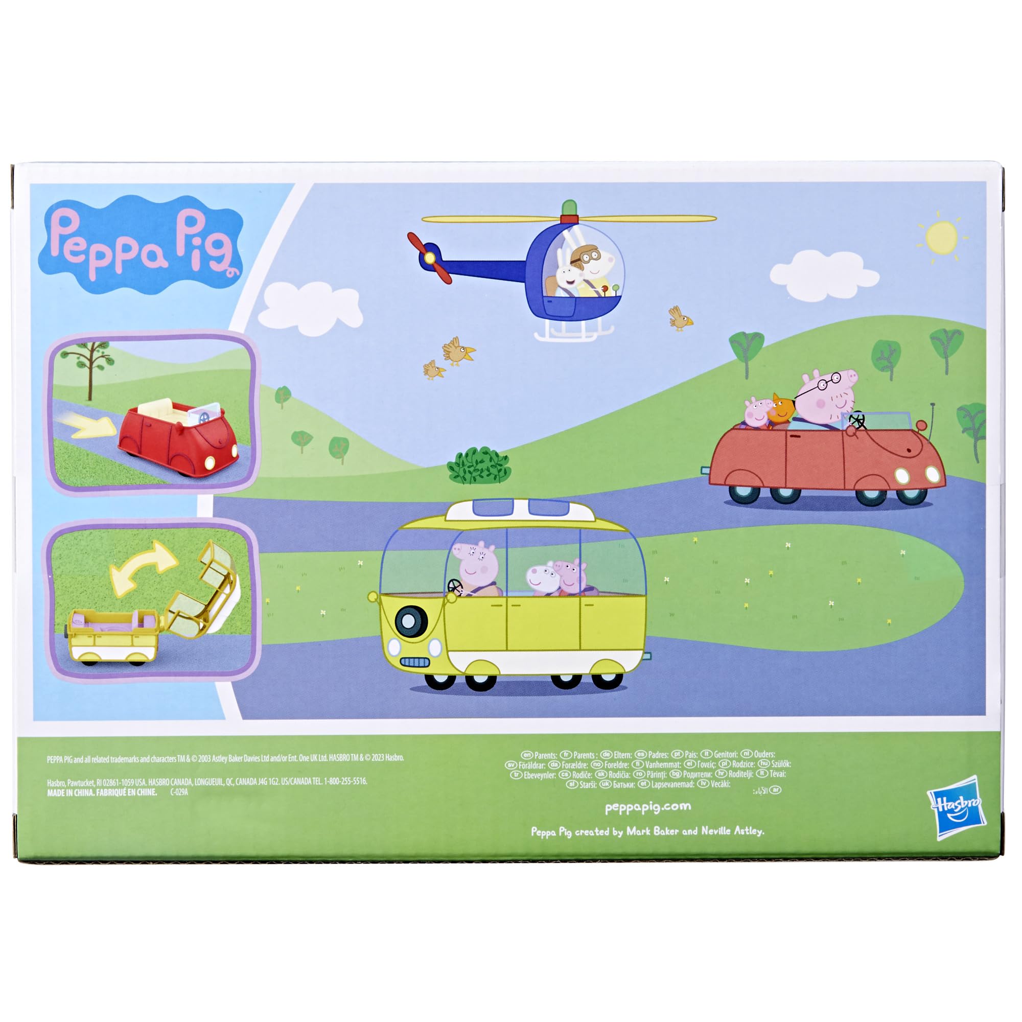 Peppa Pig and friends enjoy a vibrant adventure in colorful vehicles under a sunny sky.