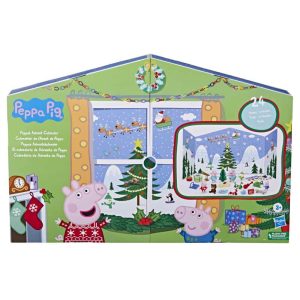 Peppa Pig and George celebrate Christmas by a snowy window, surrounded by festive decorations and gifts.