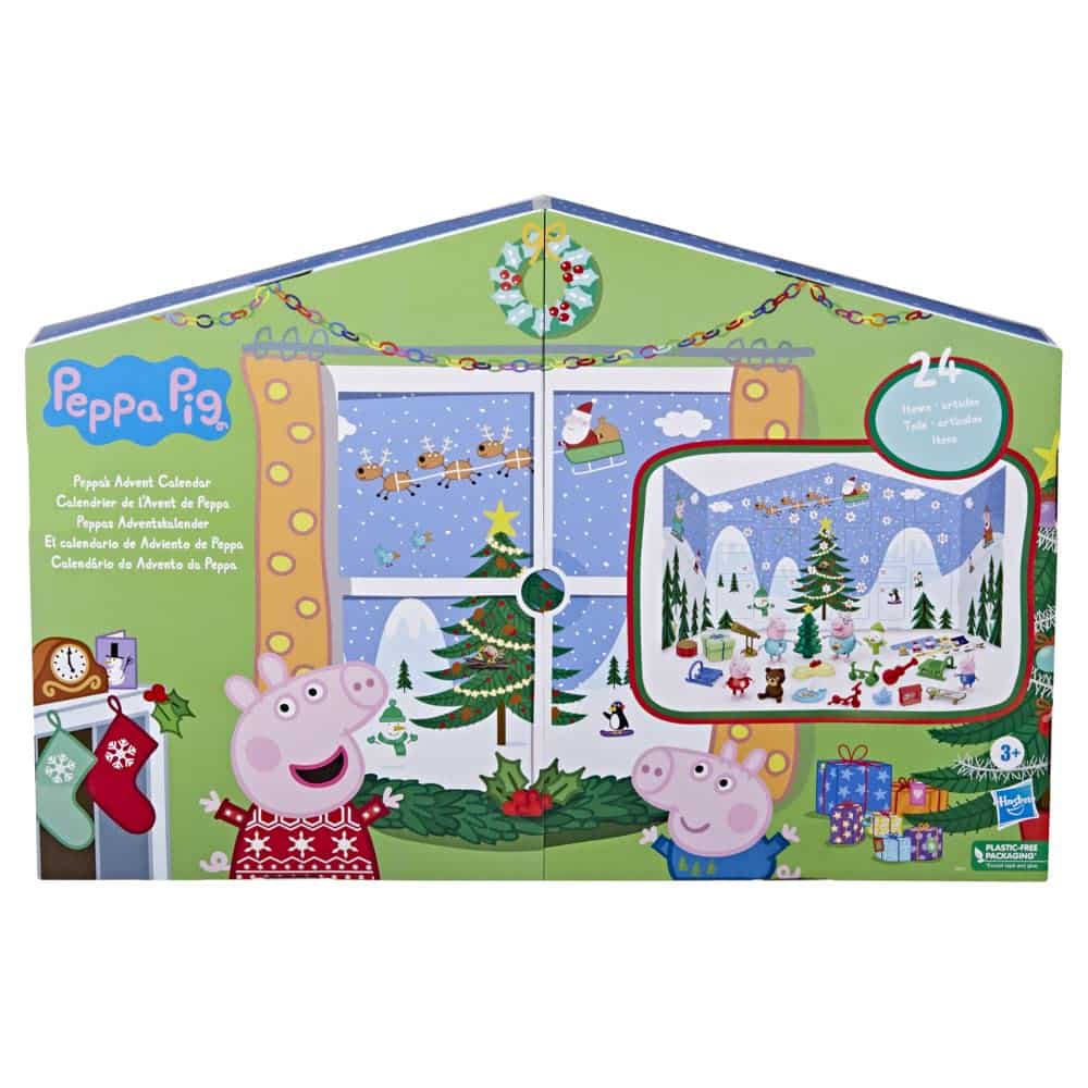 Peppa Pig and George celebrate Christmas by a snowy window, surrounded by festive decorations and gifts.