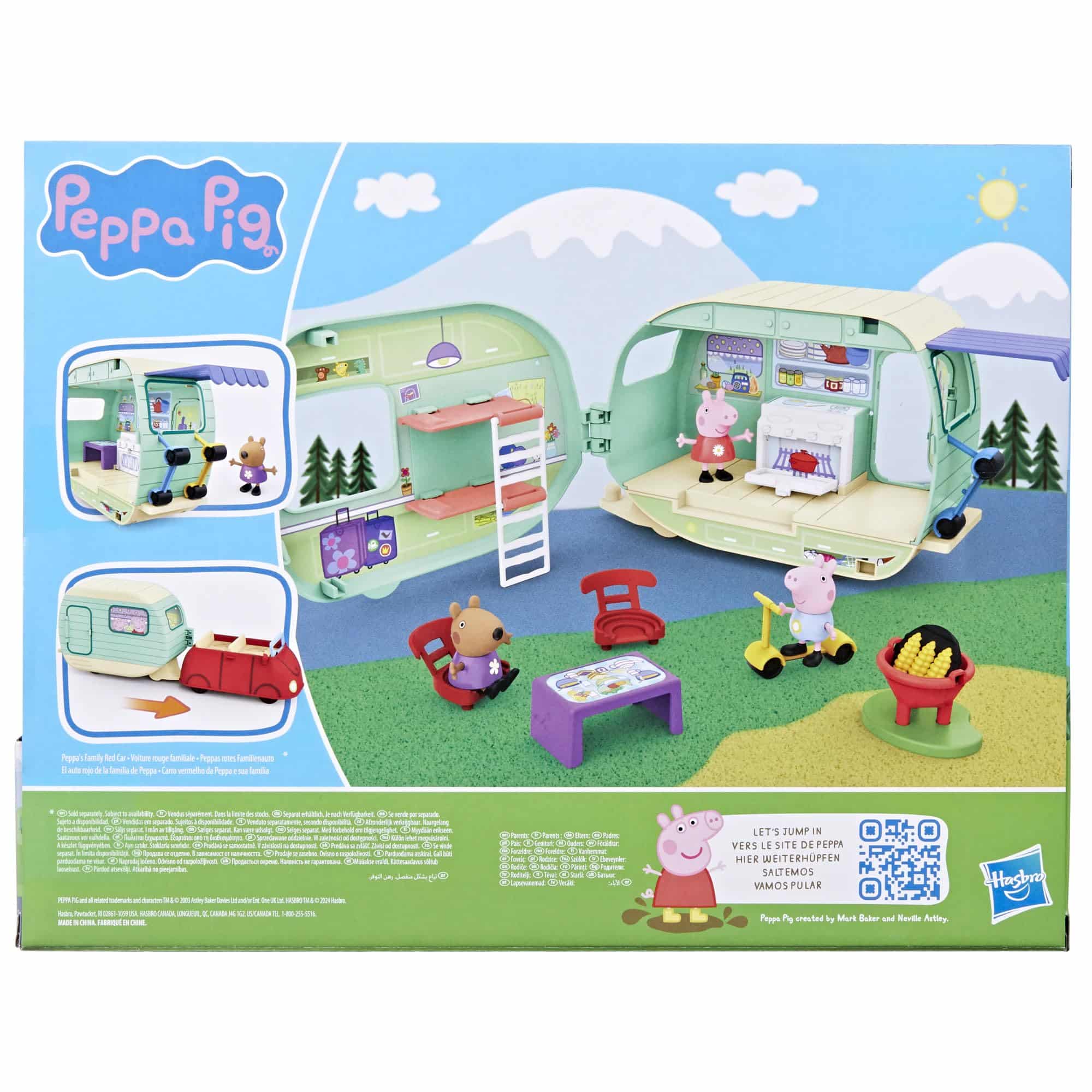 Colorful Peppa Pig playset with trailer, furniture, and accessories for imaginative adventures.