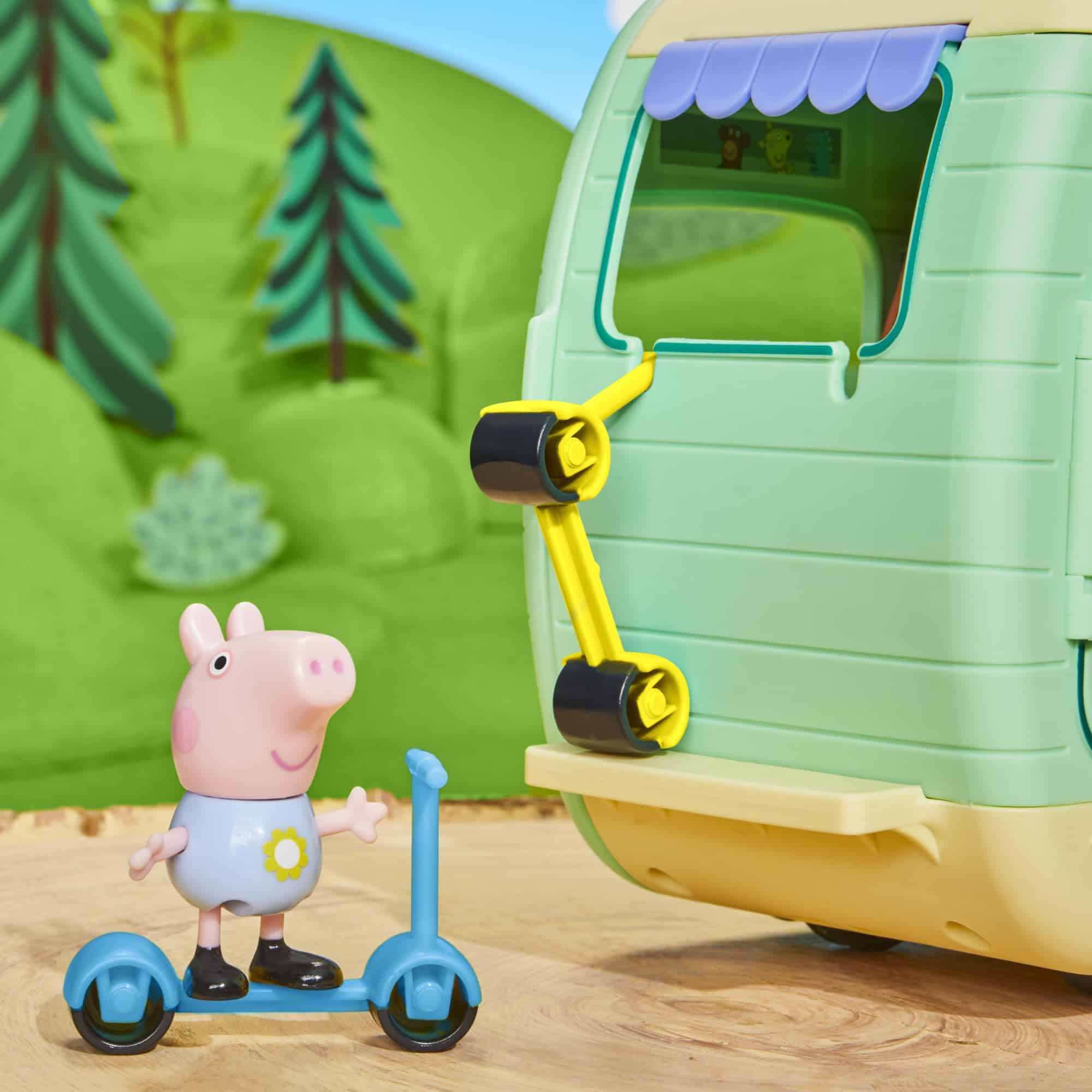 Peppa Pig joyfully rides her blue scooter in a vibrant, adventurous landscape.