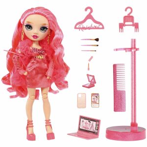 Vibrant pink fashion doll with stylish accessories for imaginative play and creative self-expression.