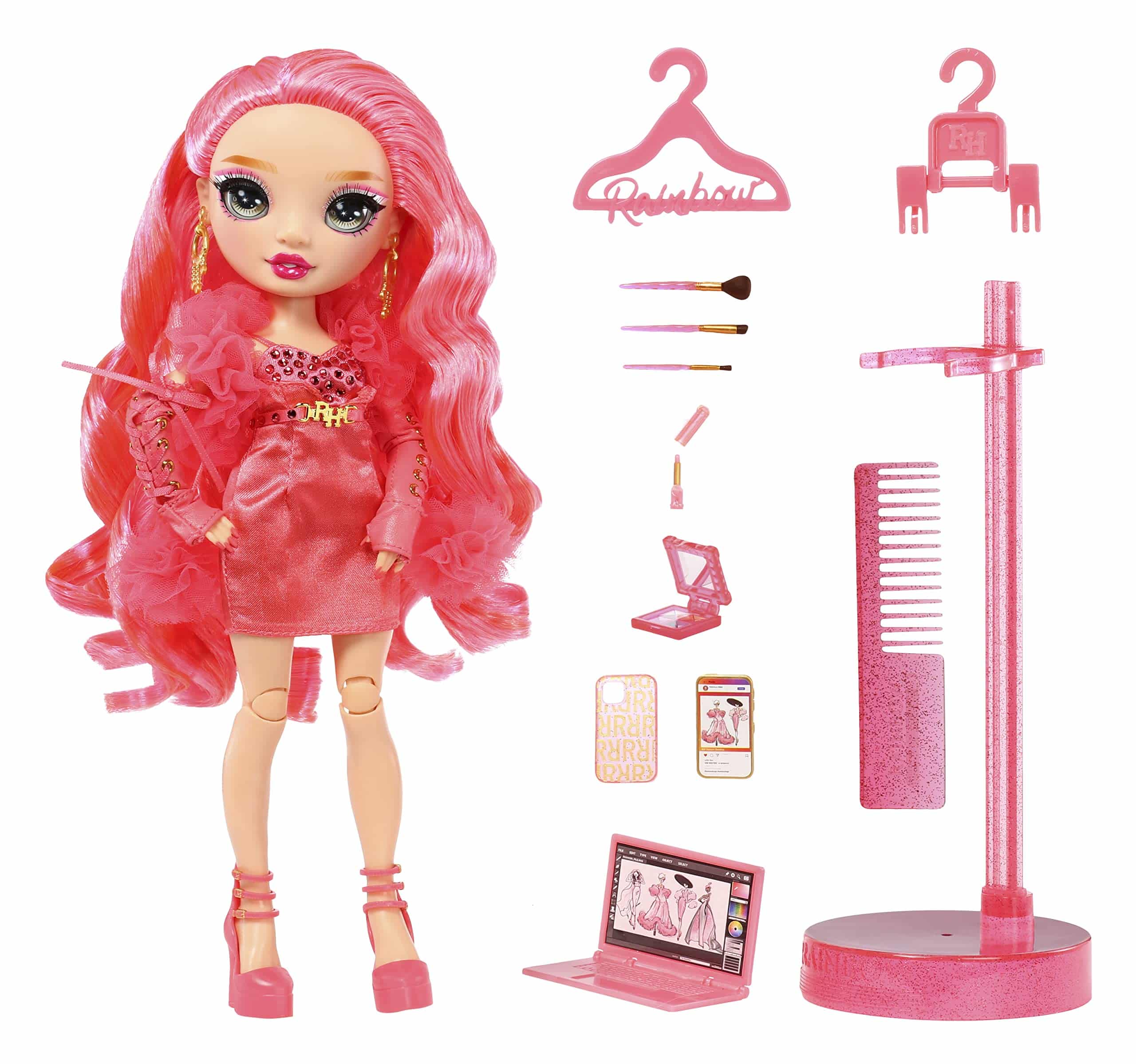 Vibrant pink fashion doll with stylish accessories for imaginative play and creative self-expression.