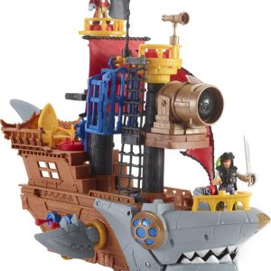Colorful pirate ship toy with shark bow, barrels, and two figures for adventurous play.