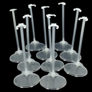 Twelve clear plastic display stands on a black background for showcasing lightweight items.