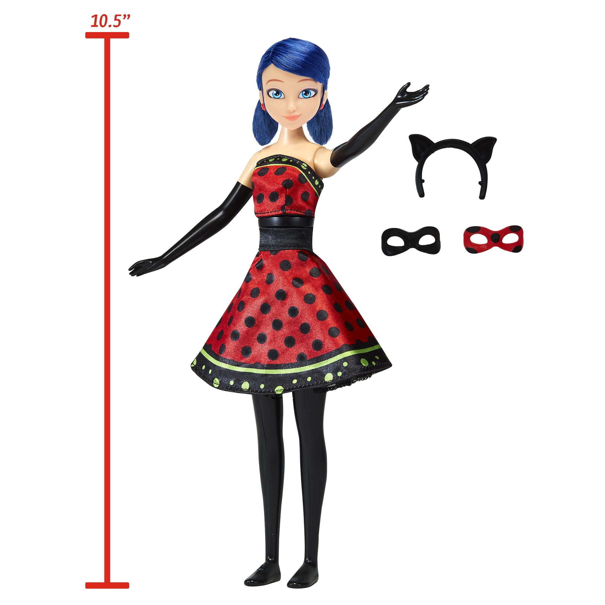 Vibrant doll in a red polka dot dress with playful blue hair and cat accessories.