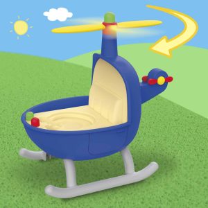 Bright blue helicopter toy encourages imaginative play in a sunny, cheerful landscape for kids.