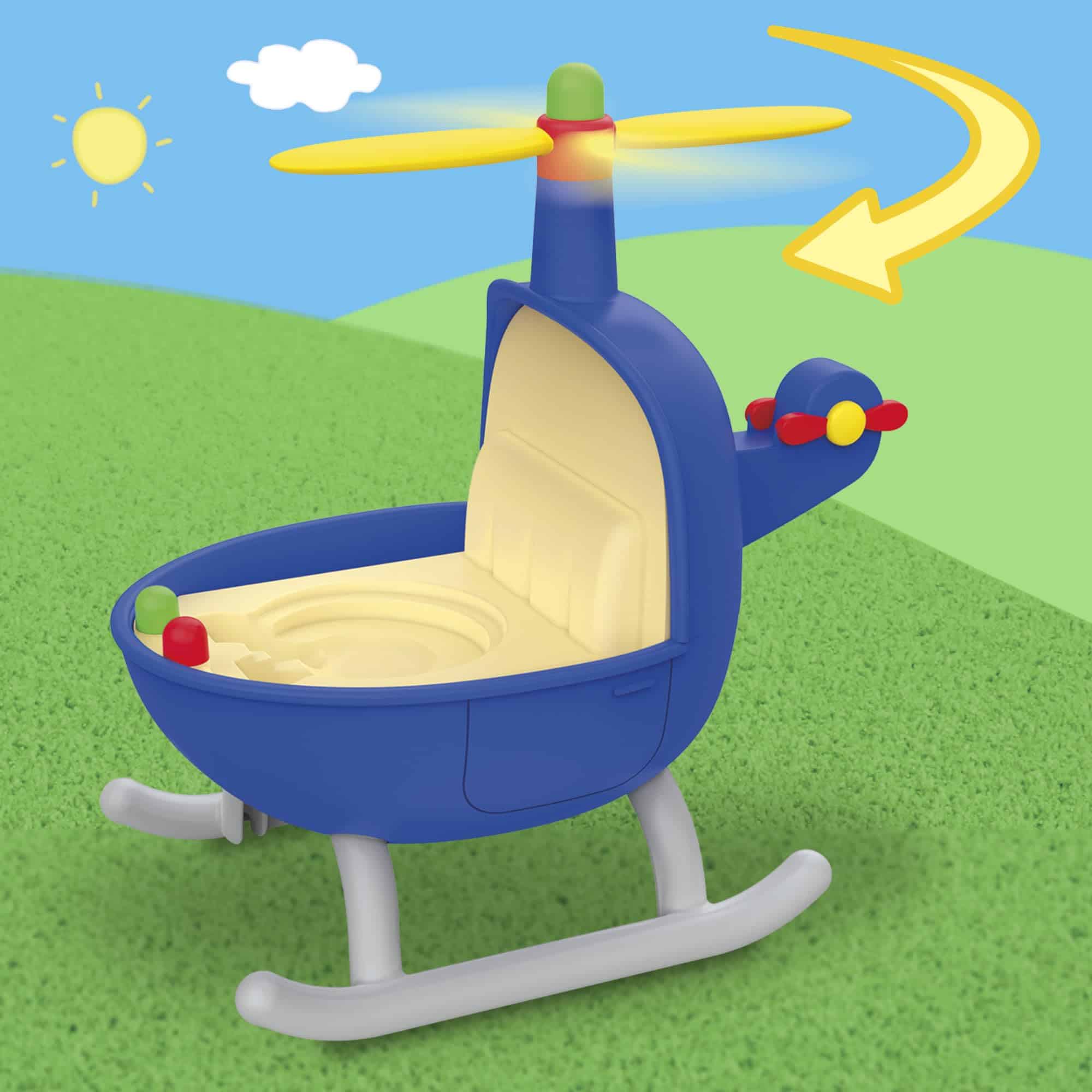 Bright blue helicopter toy encourages imaginative play in a sunny, cheerful landscape for kids.