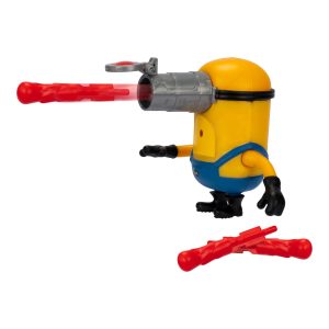 Yellow Minion figure with launcher and red projectiles, perfect for imaginative play and fun.